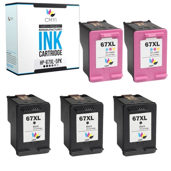 CMYi 67XL Combo Pack of 5 Ink Cartridges Compatible with Inkjet Printers, 3 Black, 2 Tri-color