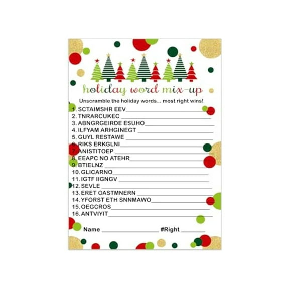 Paper Clever Party Jolly Trees Christmas Word Scramble Game Cards for All Ages, 5" x 7", 25 Pieces
