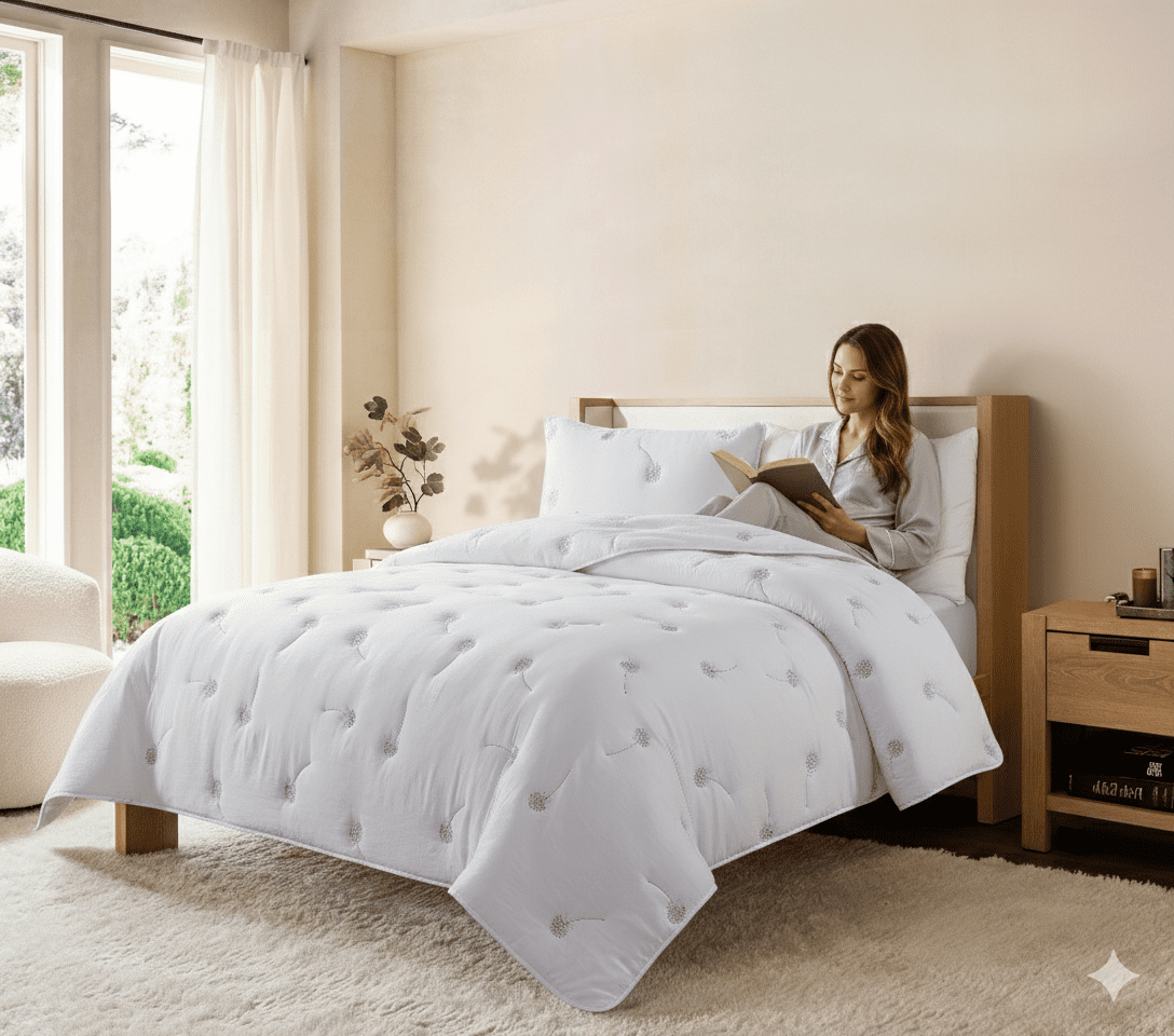 NSH by New Sega Home, 3-Piece Comforter Set, Embroidered Dandelion, White, Bed in a Bag, Full/Queen