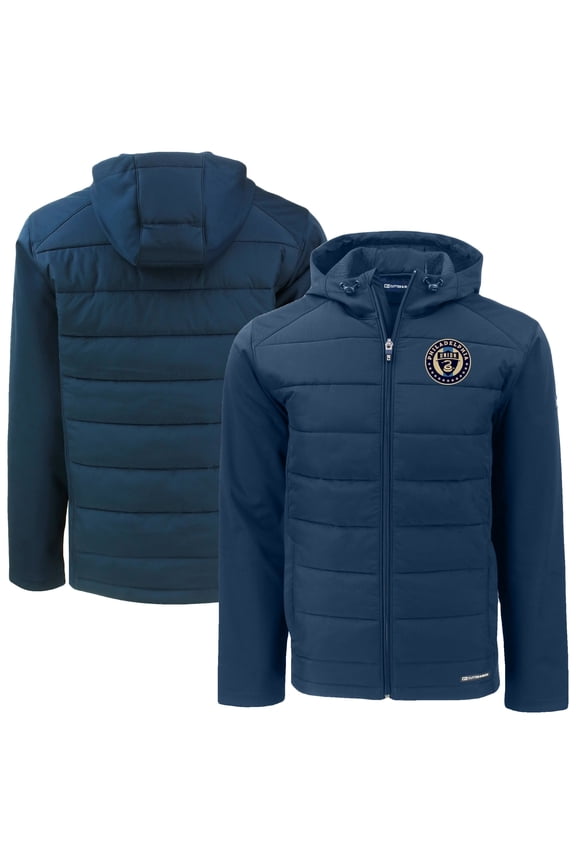 Men's-Cutter & Buck Navy Philadelphia Union Evoke Hybrid Eco Softshell Recycled Full Zip Hooded Jacket