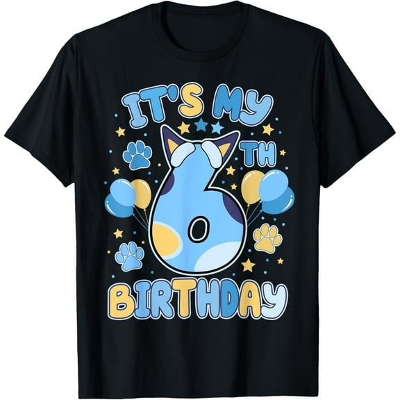 Sam Soft 6th Birthday Boy Blue Dog Theme Party Six Cool 6 Year Old T-Shirt