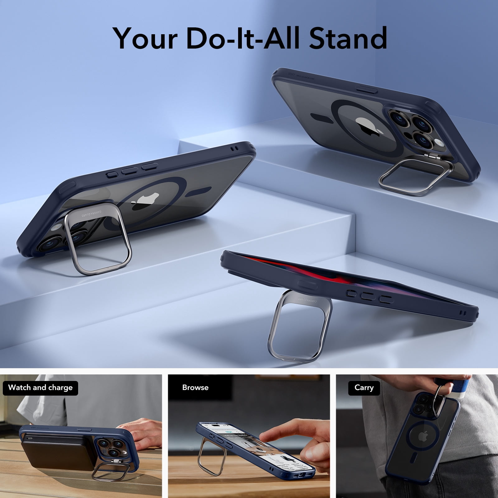 ESR Kickstand Case with HaloLock Compatible with iPhone 15 Pro Max Case, with adjustable Camera Guard, Compatible with MagSafe, Ultra-high Hardness Protection, Clear Dark Blue