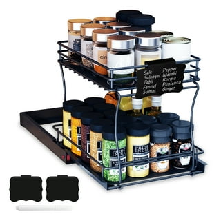 Pull Out Spice Rack Organizer for Cabinet, 2 Tier Slide Out Cabinet  Organizer 15 3/4L x 9 1/2W x 11H Black Sliding Spice Rack Upper Cabinet  for Storage Spices, Sauces, Cans 
