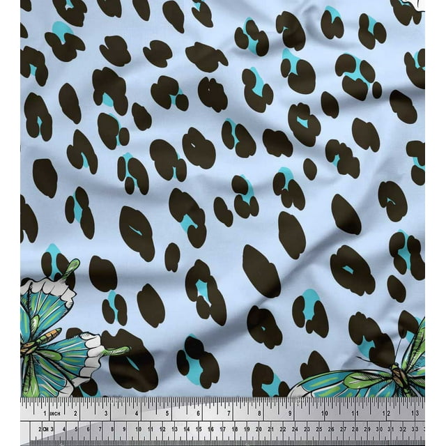 Soimoi Blue Silk Fabric Artistic Insect & Leopard Animal Skin Decor Fabric Printed BTY 42 Inch Wide