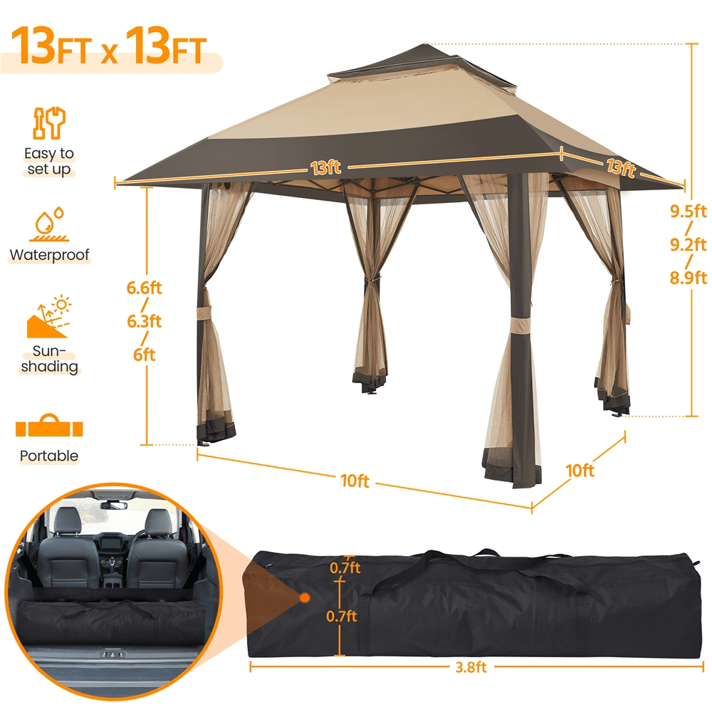 Alden Design 13 FT Pop-Up Gazebo with 4 Mesh Sidewalls & Sandbags for Outdoor, Khaki/Brown