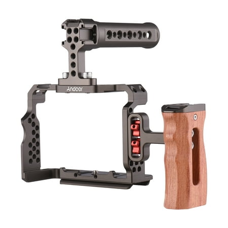 Image of Radirus Video Cage Aluminum Camera Cage Kit with Video Rig Handle Wooden Grip Replacement for A7R III/ A7 II/ A7III Perfect for Filmmakers