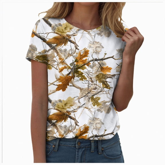 vigerkar Women's Camo Print Round Neck T Shirts Short Sleeve Tee Shirts | Camo Print, Fitted, Casual Tee Shirts (Beige, S)