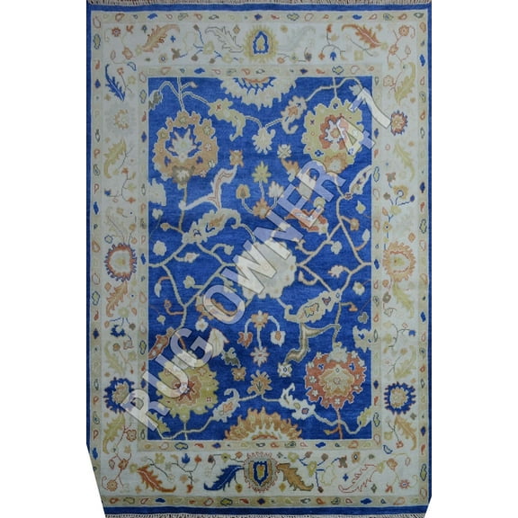 Handmade Colourful Hand-Knotted Oushak Area Rug 8X10 Blue, Beige, Lt Peach, Gold, Rust, Wool Area Rug