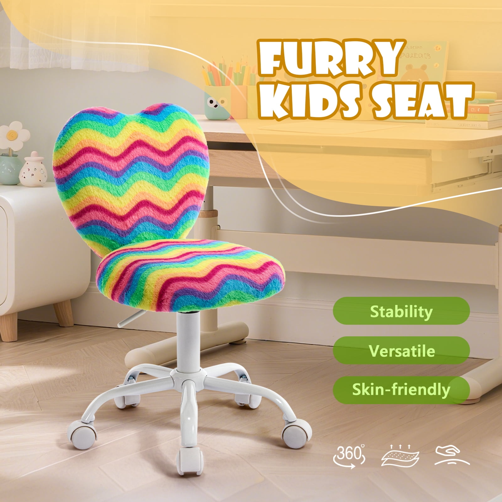 Heart Kids Desk Chair，Girls Desk Chairs,Comfy Swivel Computer Chair for Girls Room, Fluffy Kids Office Chair for Reading & Vanity，Rainbow