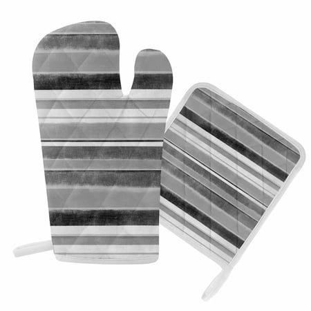 Oven Mitts and Pot Holder Set for Kitchen Ombre Grey Stripe Kitchen Oven Gloves Heat Resistance Non-Slip Surface Potholders Geometric Design Hot Pads Sets for Cooking Baking Grilling BBQ