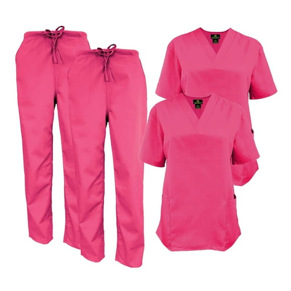 M&M SCRUBS Women Scrub Set V-Neck Medical Scrub Tops and Drawstring Pants - Pack of 2 Set (Hot Pink, XX-Small)