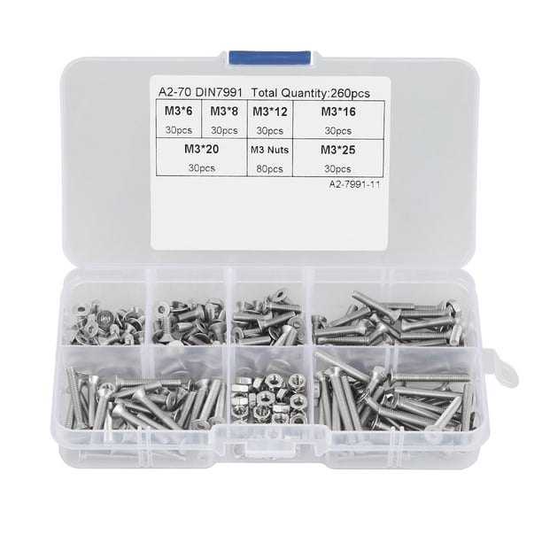 Kit de 260 tornillos y tuercas de cabeza plana hexagonal de acero inoxidable M3 304 con caja