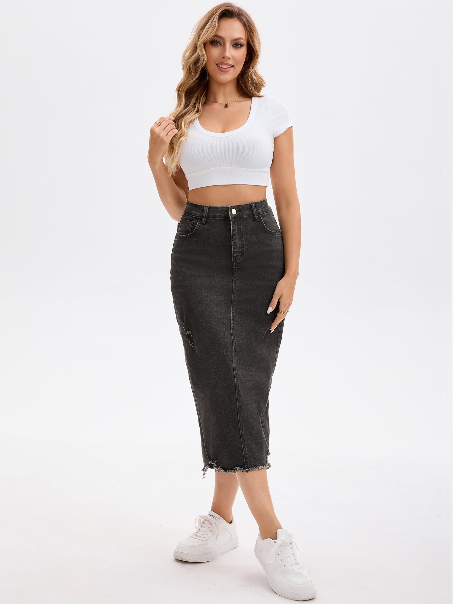 DARING DIVA Women's Long Denim Mid Waisted Pencil Jean Skirts M Black