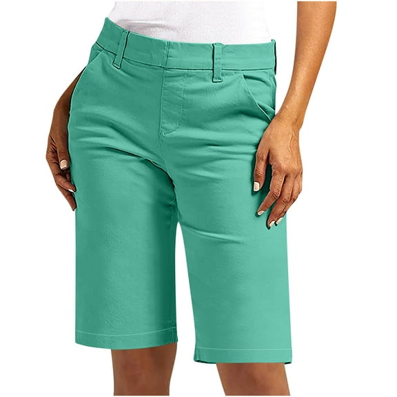 Arnsht Women Solid Color Plus Size Elastic Twill Slim Waist Regular Hiking Shorts With Pockets Summer Casual Shorts Blue XXL