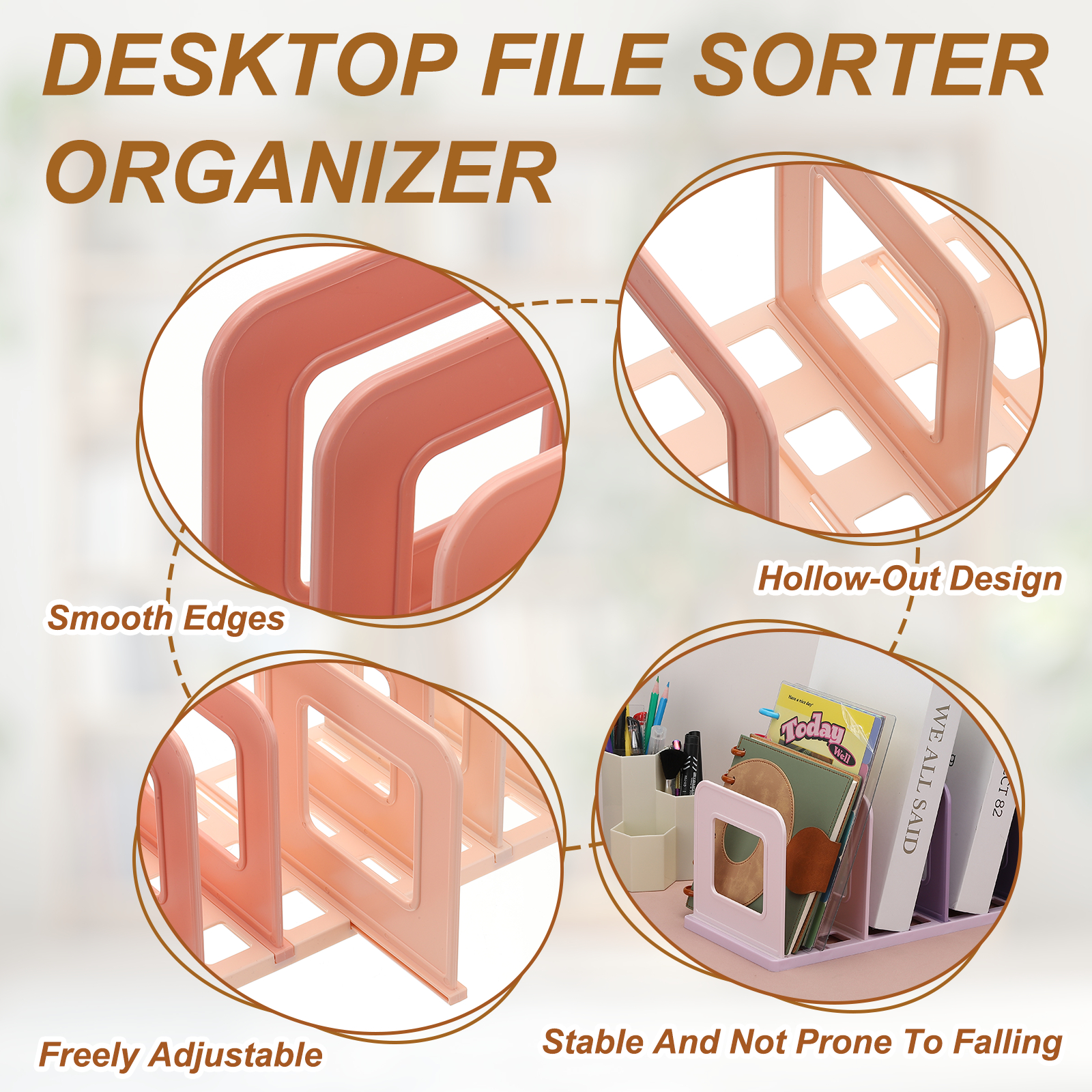 Uxcell Vertical Sorter for Desk, 8 Slots Plastics Adjustable File Organizer Desktop File Sorter Organizer for Office Desk Kitchen Shelf Storage Holder Paper Mail, Pink