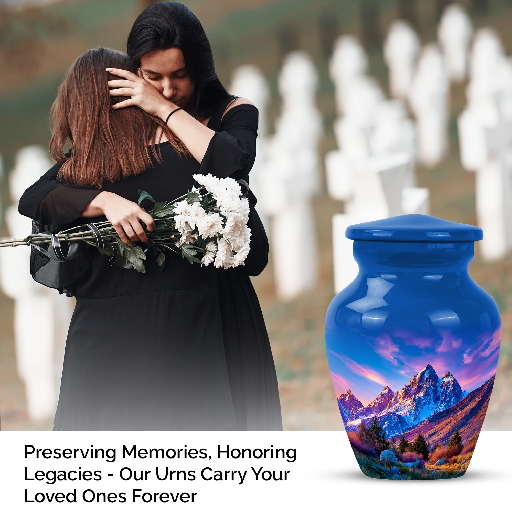 Mountain Funeral Cremation Urn For Human Ashes Adult Female Mom, 1 Large And Set Of 4 Keepsake Urn For Mom And Dad, Burial Urns For Grandfather, Blue Urns For Human Ashes 10&3 Inch