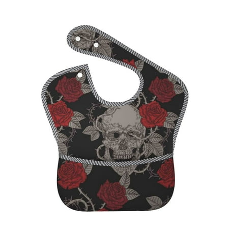 Bingfone Mess-Proof Baby Bib - Waterproof Bib For Baby Boy Or Girl With Food Catcher Pocket, Unisex-Skull And Red Roses