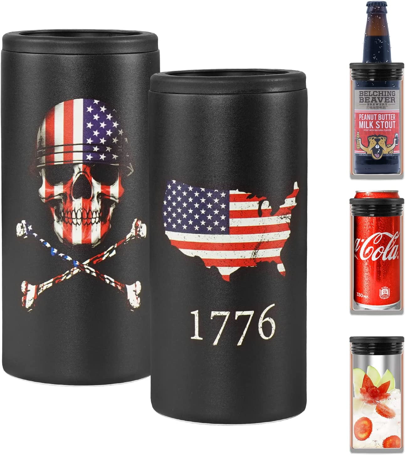 Slim Can Cooler Insulated Skinny Stainless Steel Doucle Freezable Can Cooler Sleeve Hard Seltzer 12 oz Slim Cans (4th of July Patriotic USA )