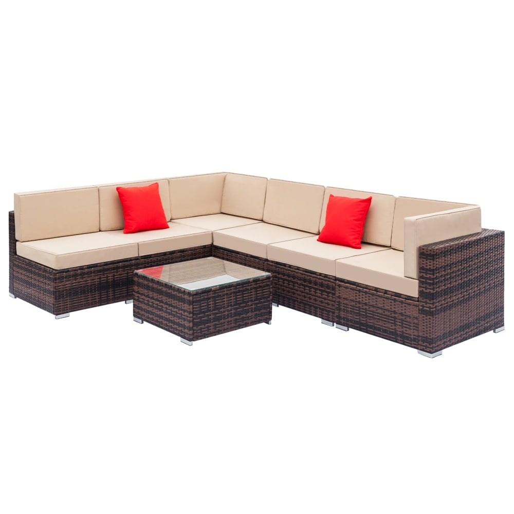 Seizeen Patio Funiture Set, Patio Sectional Sofa with 1 Multifunctional Table & Ottoman, 5-Piece Gray PE Wicker Rattan Sectional Sofa Set for Garden, Poolside, Backyard, Beige Cushions