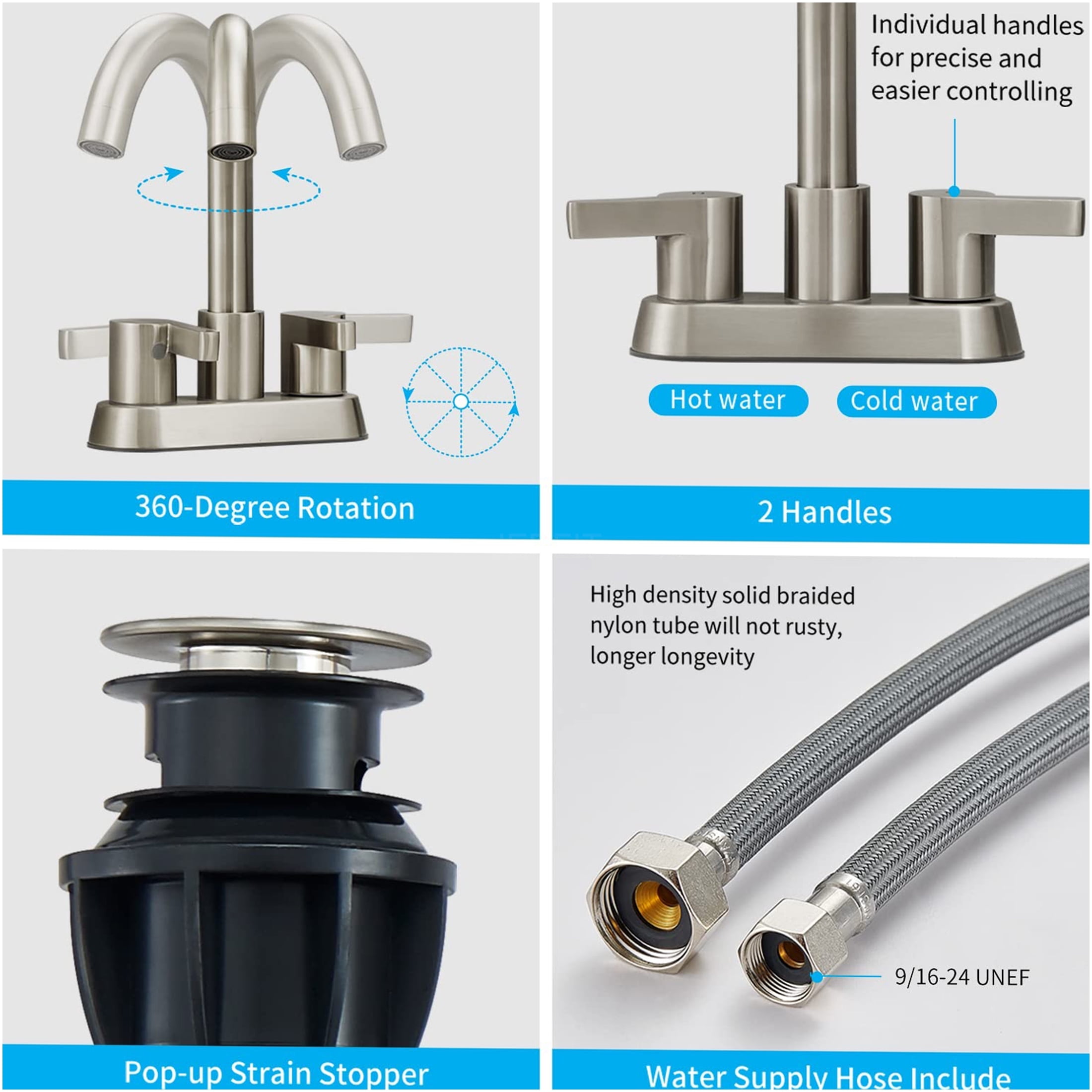 JERFIT 4-inch Centerset Bathroom Sink Faucet with Drain, 2-Handle Brushed Nickel Vanity Faucet, High-Arc 360° Swivel Spout for Bathroom Sink