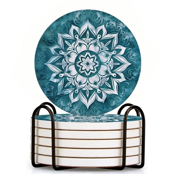 Bahomeck Drink Coasters Set Of 6 With Holder Mandala Design With White Flower On Teal Background Water Absorbent Ceramic Coasters Tabletop Protection,Suitable For Various Cup,Home Decor