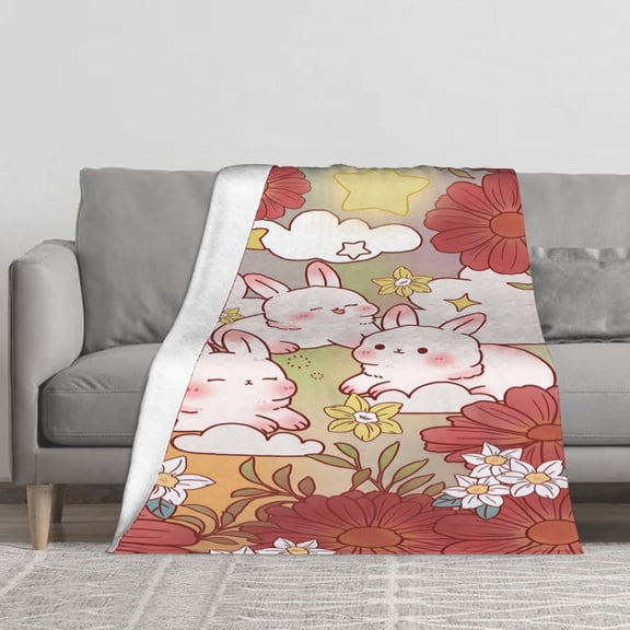 Soft Flannel Throw Blanket Cute Cartoon Pink Bunnies Lying On Clouds Red Daisy Flowers Star Sky Print Lightweight Cozy Warm Decorative Blanket for Sofa Bedroom