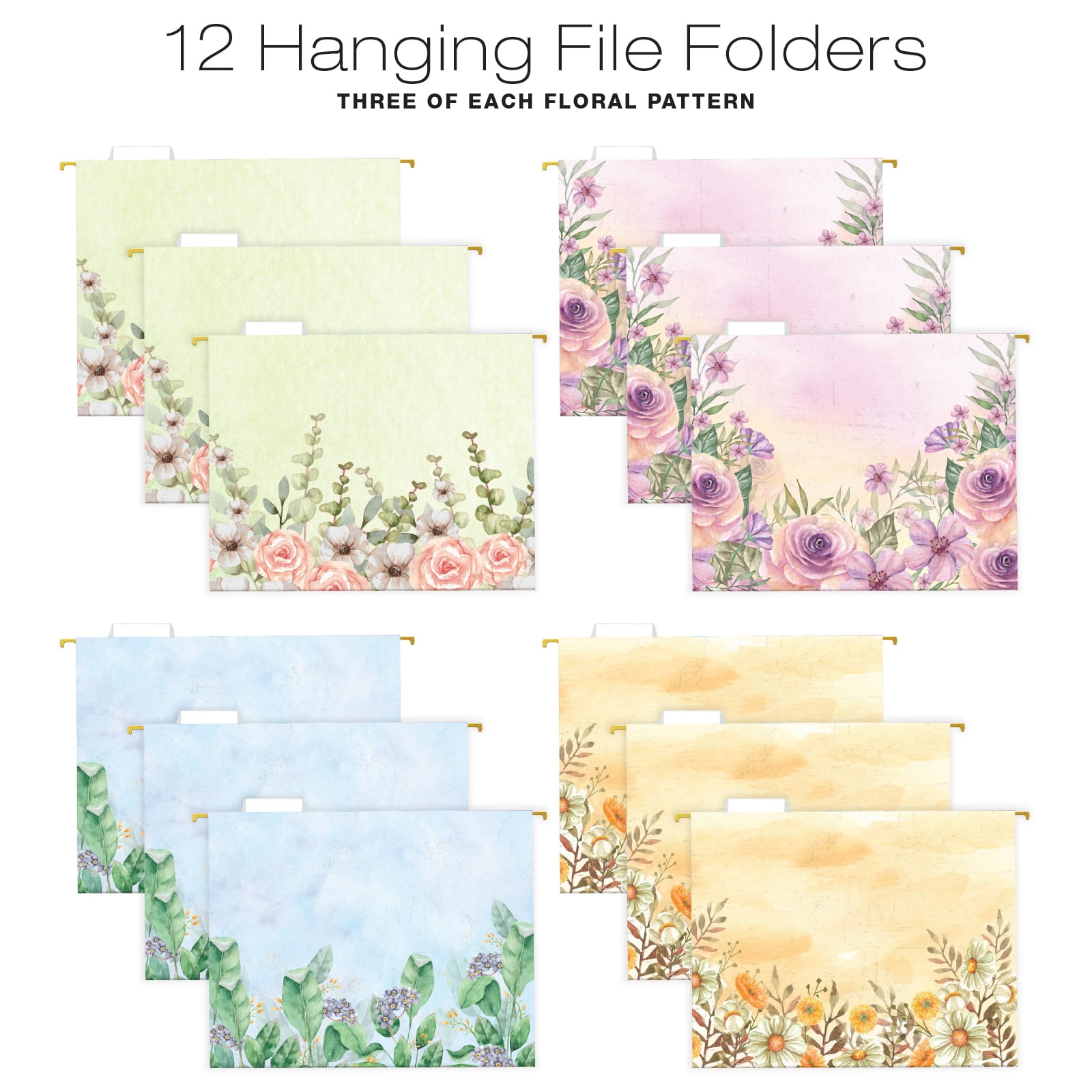 12 Hanging Folders, and 24 File folders, Letter Sized - Watercolor Floral