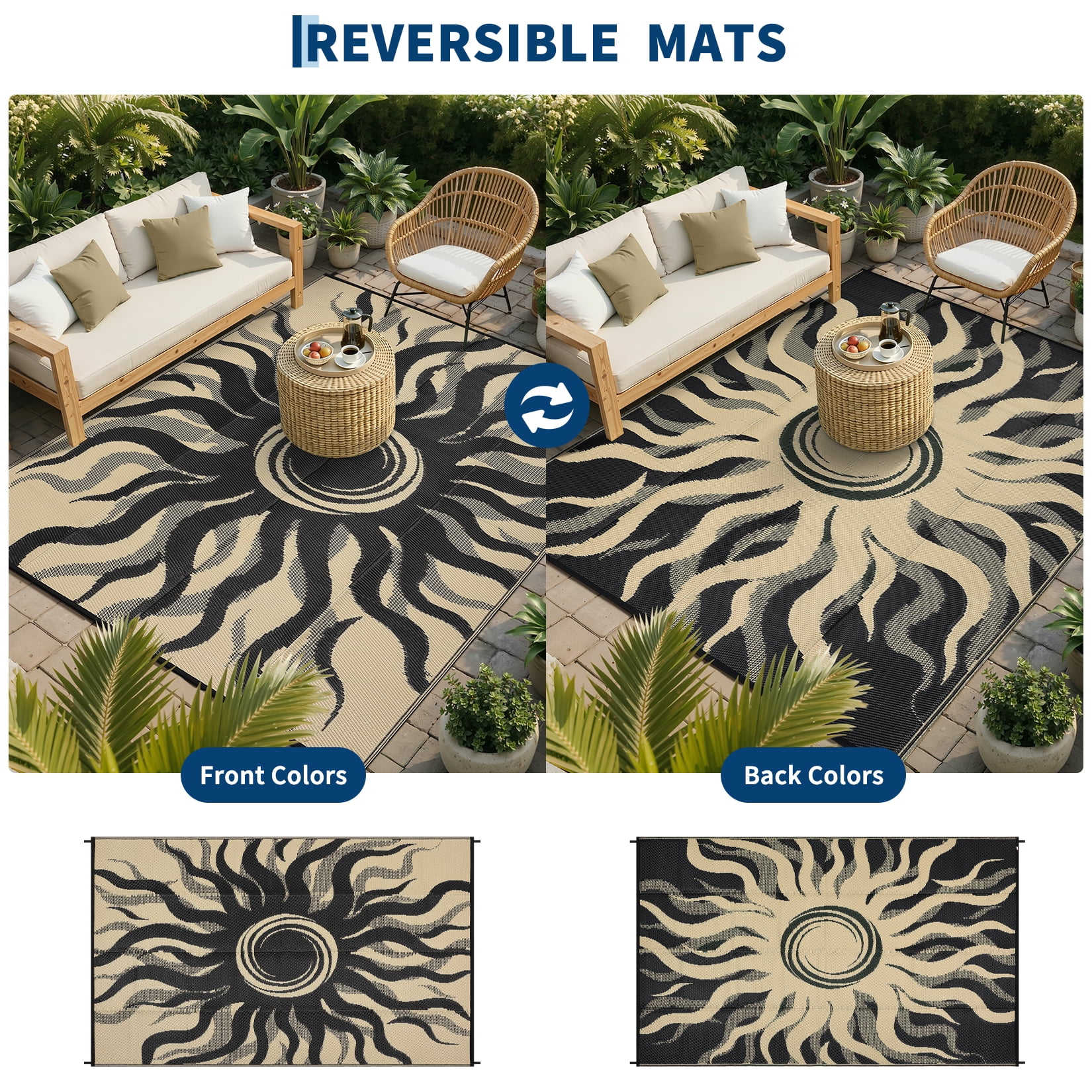 Garvee 9x12ft Outdoor Rug Waterproof Reversible Plastic Straw Rug, Modern Boho Sun Pattern Rug, Large RV Camping Mat Portable Outdoor Carpet for Patio, Balcony, Picnic, Beach, Deck, Black/Coffee