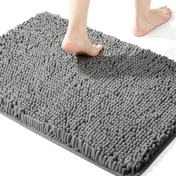 MudFree Bathroom Rugs 24x16 inch, Super Absorbent Chenille Bath Mat for Tub Non Slip, Quick Dry Washable Door Mat for Floor, Tub and Shower, Gray