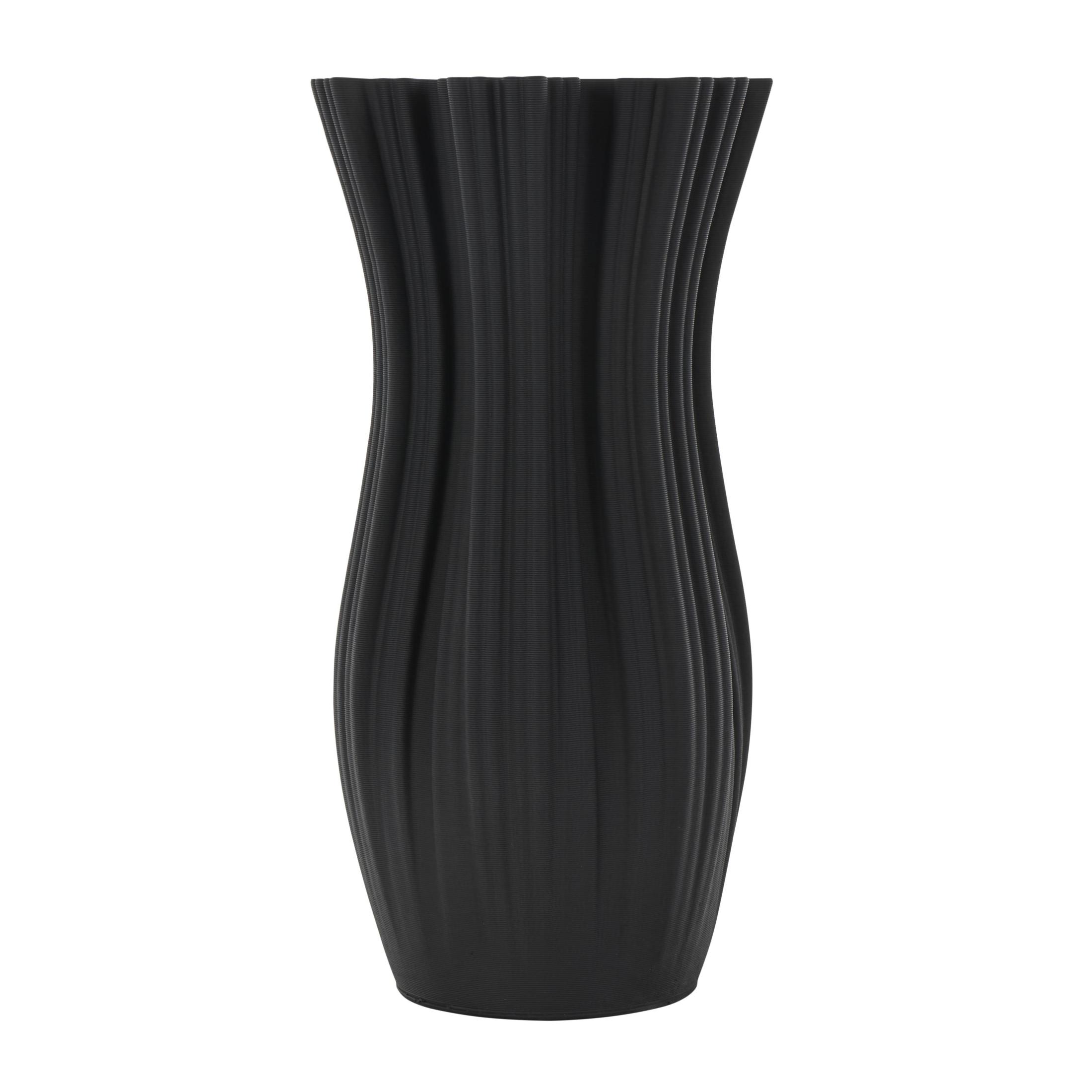 DecMode 14" Abstract Ribbed Tulip Inspired Black Ceramic Vase with Floral Shaped Rim