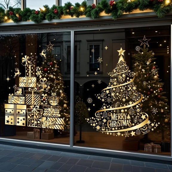 Golden Christmas Tree Gifts Wreath Window Clings Stickers for Glass, Large Static Wall Window Door Mural Showcase Decal Sticker,Xmas Holiday Party Decoration Acessories (K)