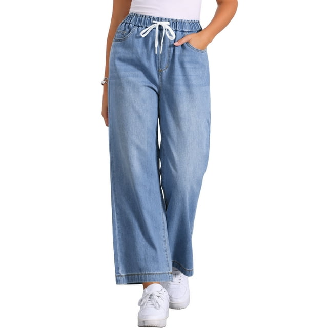 Jeans de pierna ancha para mujer INSPIRE CHIC con cordón, cintura elástica, pantalones de mezclilla casuales con bolsillos, azul claro S