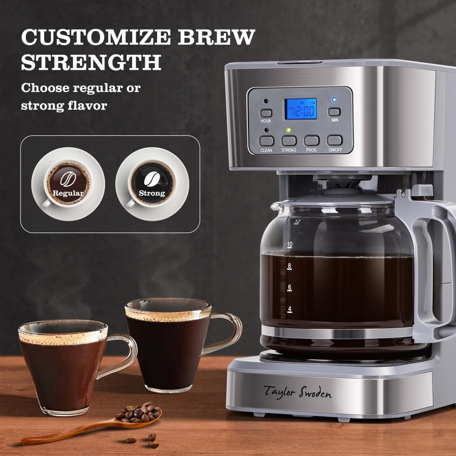 12-Cup Programmable Coffee Maker, Regular & Strong Brew Drip Coffee Machine for Home and Office, Glass Carafe, Pause & Serve, Auto Shut Off, Gray & Stainless Steel