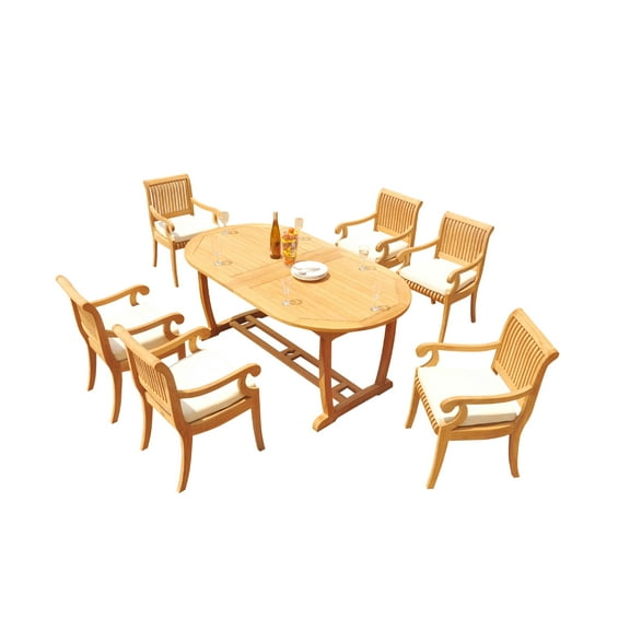 Grade-A Teak Dining Set: 6 Seater 7 Pc: 94" Mas Oval Trestle Leg Table And 6 Giva Arm Chairs Outdoor Patio WholesaleTeak #51GV2307