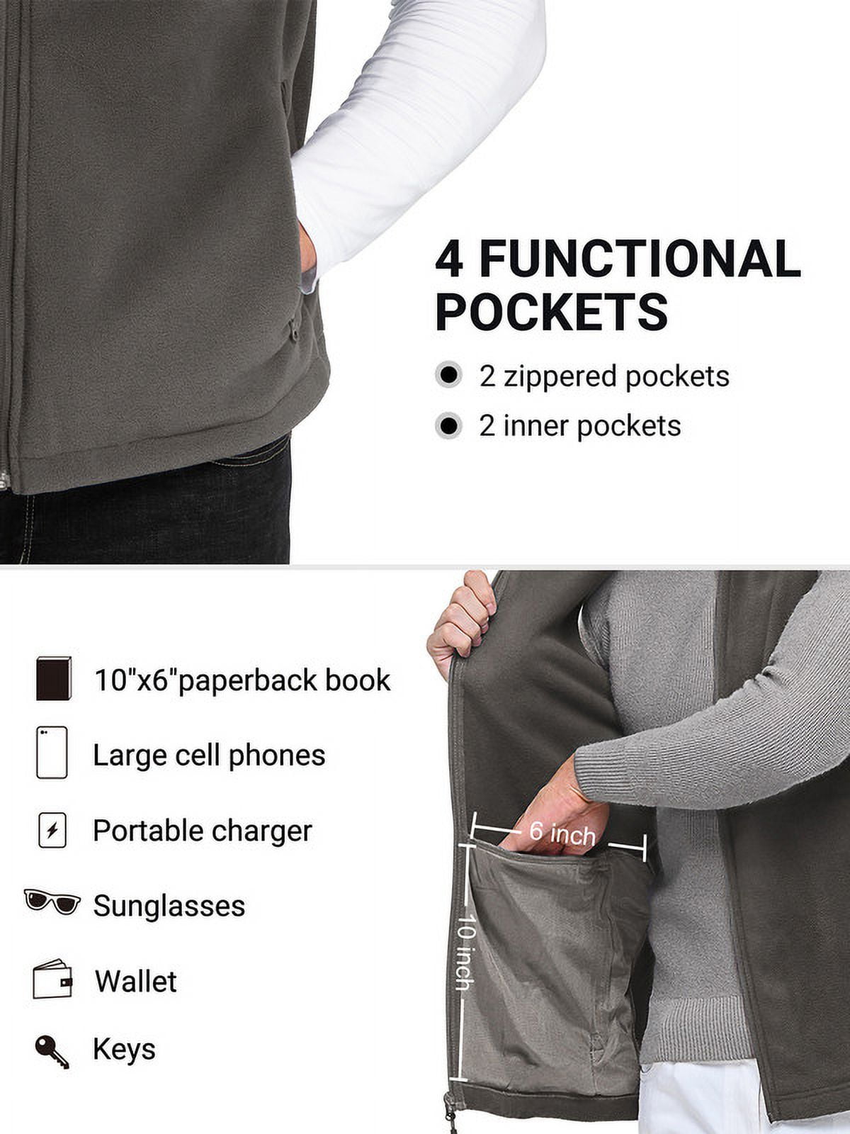 Off Road Ventures Mens Fleece Vest Lightweight Outerwear Zip Up Golf Running Sleeveless Vest With Pockets for Hiking Travel