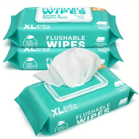 Extra Large Flushable Wet Wipes, Thickened Butt Wipes, 3 Packs X 48 Ct, 144 Total Wipes