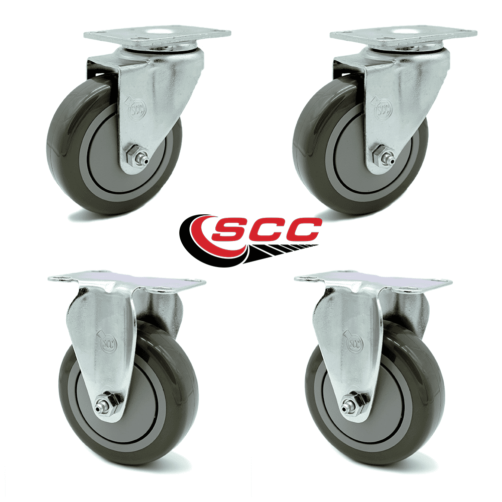 4 Inch Gray Polyurethane Wheel Swivel Top Plate Caster Set with 2 Rigid SCC