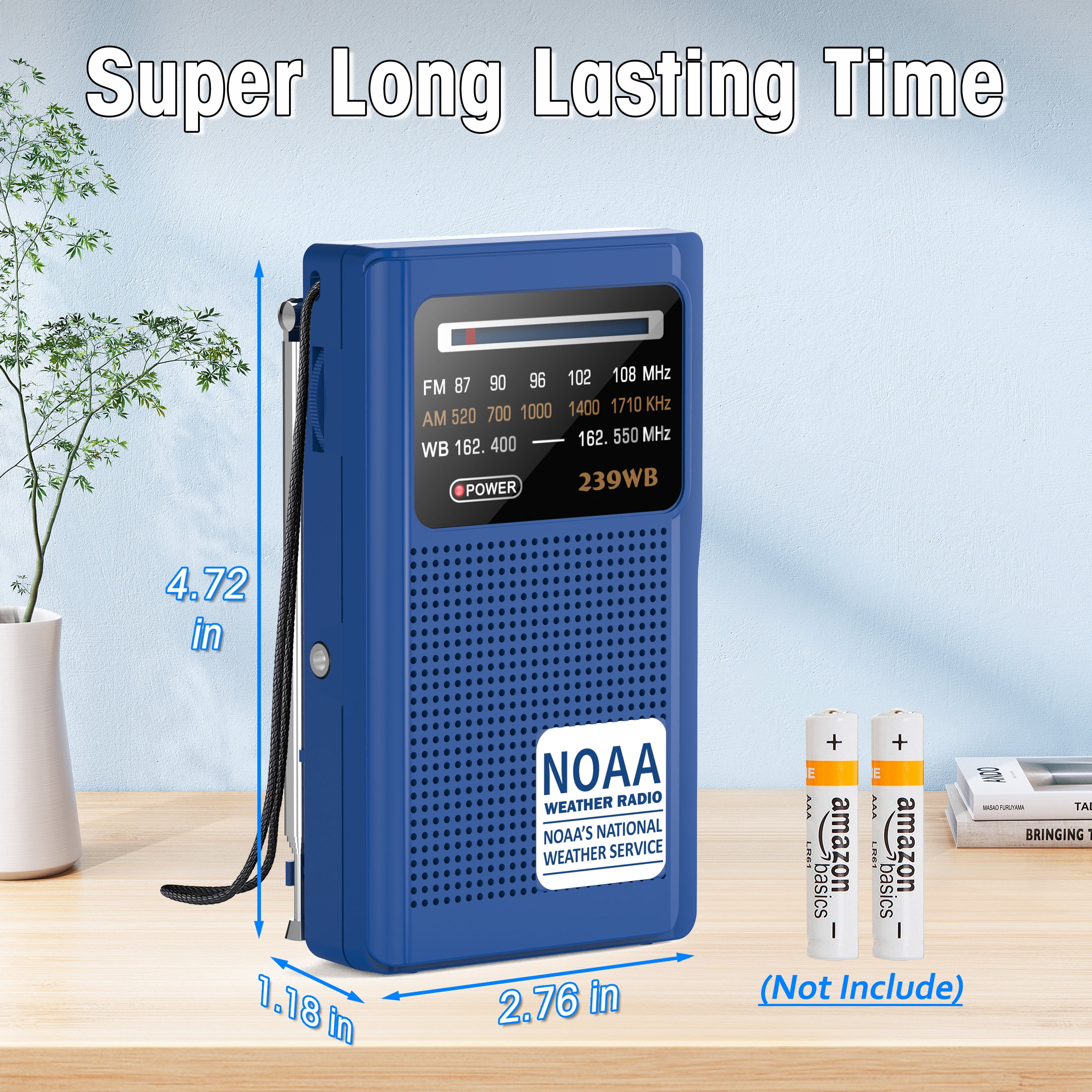 Jazmm NOAA Weather Radio, Battery Operated Transistor Radio with 3.5mm Stereo Earphone Jack, Best Reception, Powered by 2 AA Batteries for Emergency, Outdoor & Home Use (Blue)