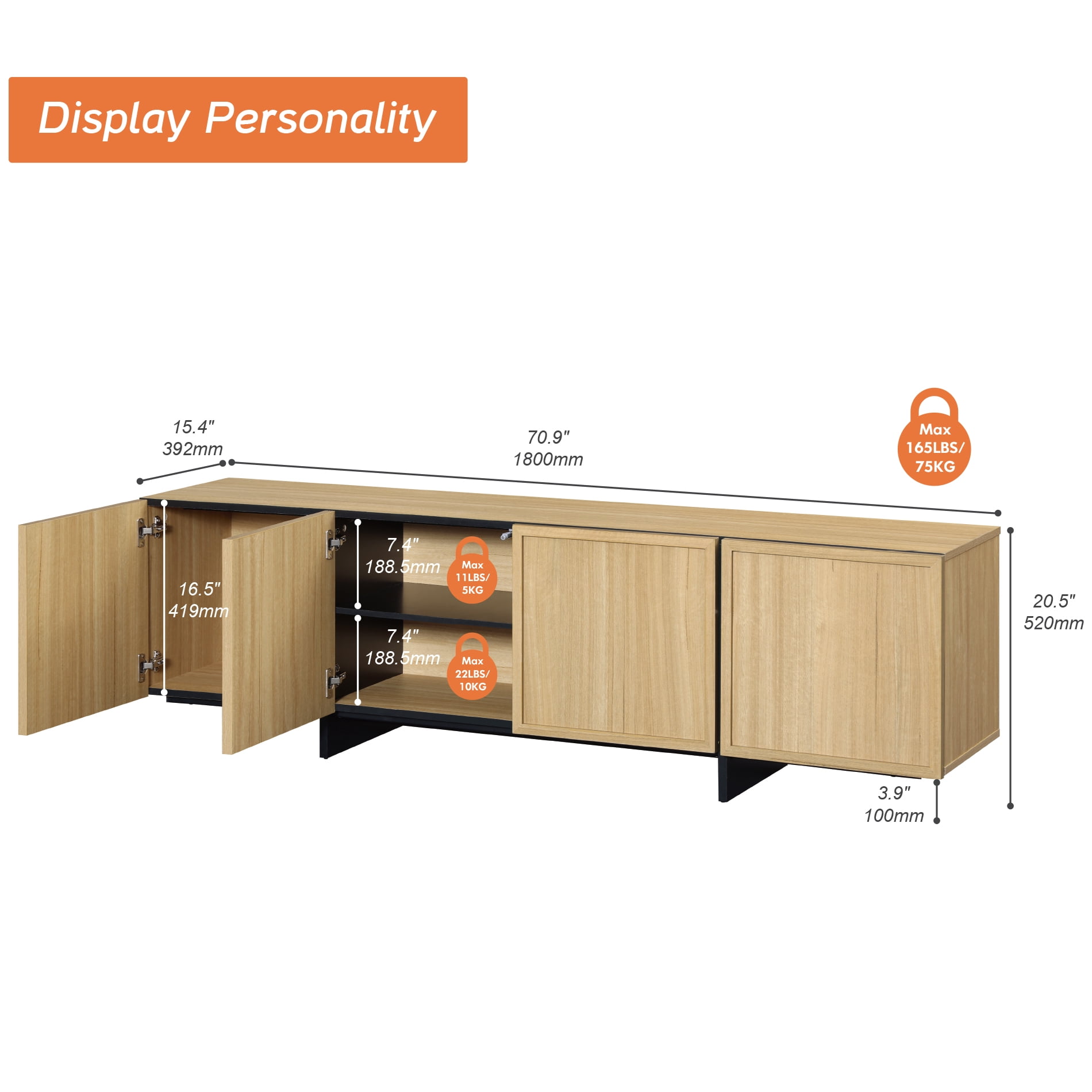 Modern 2-Piece Living Room Set, 70.9" TV Stand Entertainment Center & 57.5" 9-Compartment Storage Cabinet, 4-Door Closed Storage with T-Shaped Legs,Oak