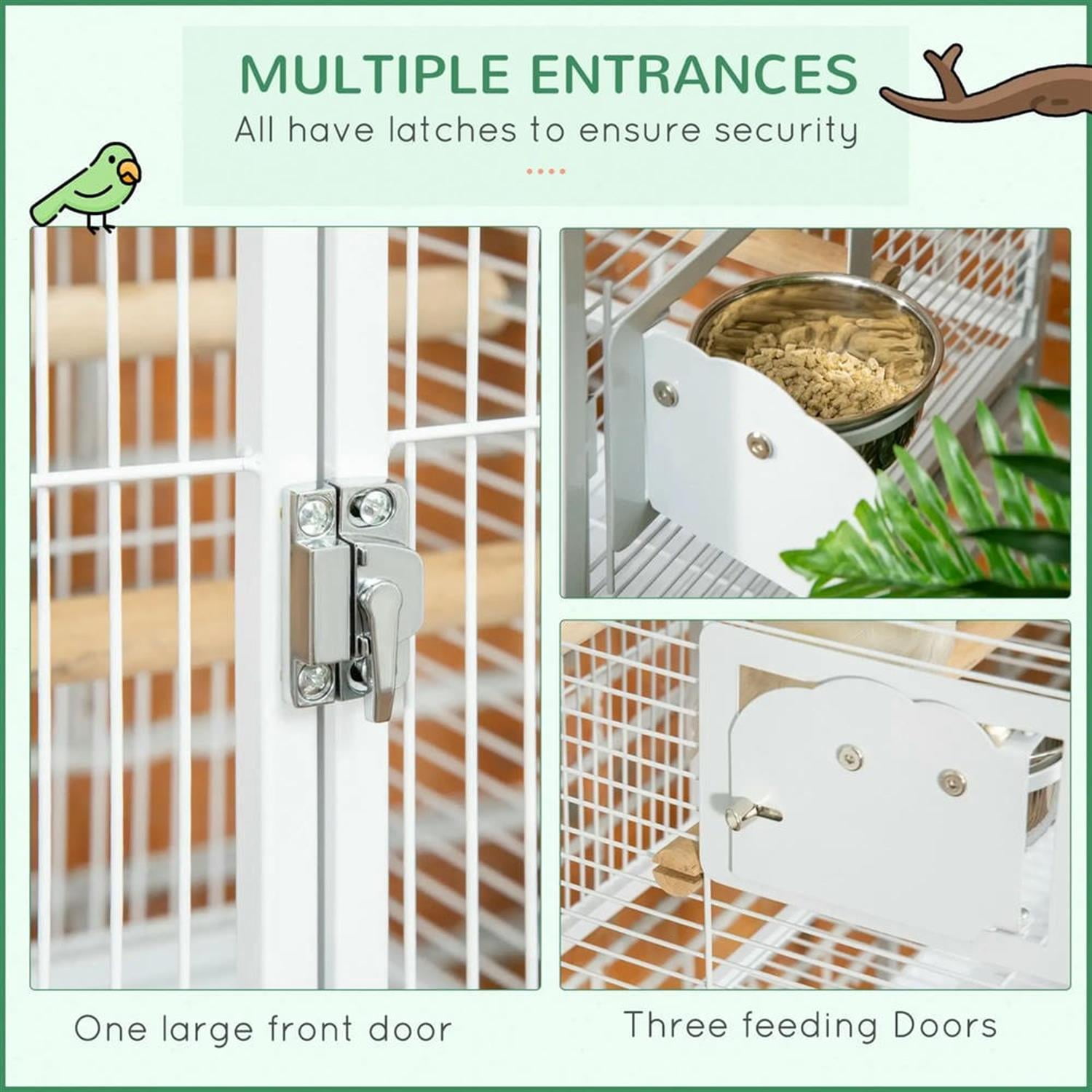 Kadyn 64" Height Large Flight Cage, Bird Cage with Rolling Stand, Hooks Above, Perch, Tray, Food Cups for Parrots Conures Lovebird Cockatiel Parakeets, White