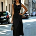thumbnail image 3 of Morttic Women's Solid Color Sleeveless Cowl Neck Midi Dress – Elegant Ruched Tied Waist A-Line Dress Office & Party Wear Black，XXL, 3 of 6