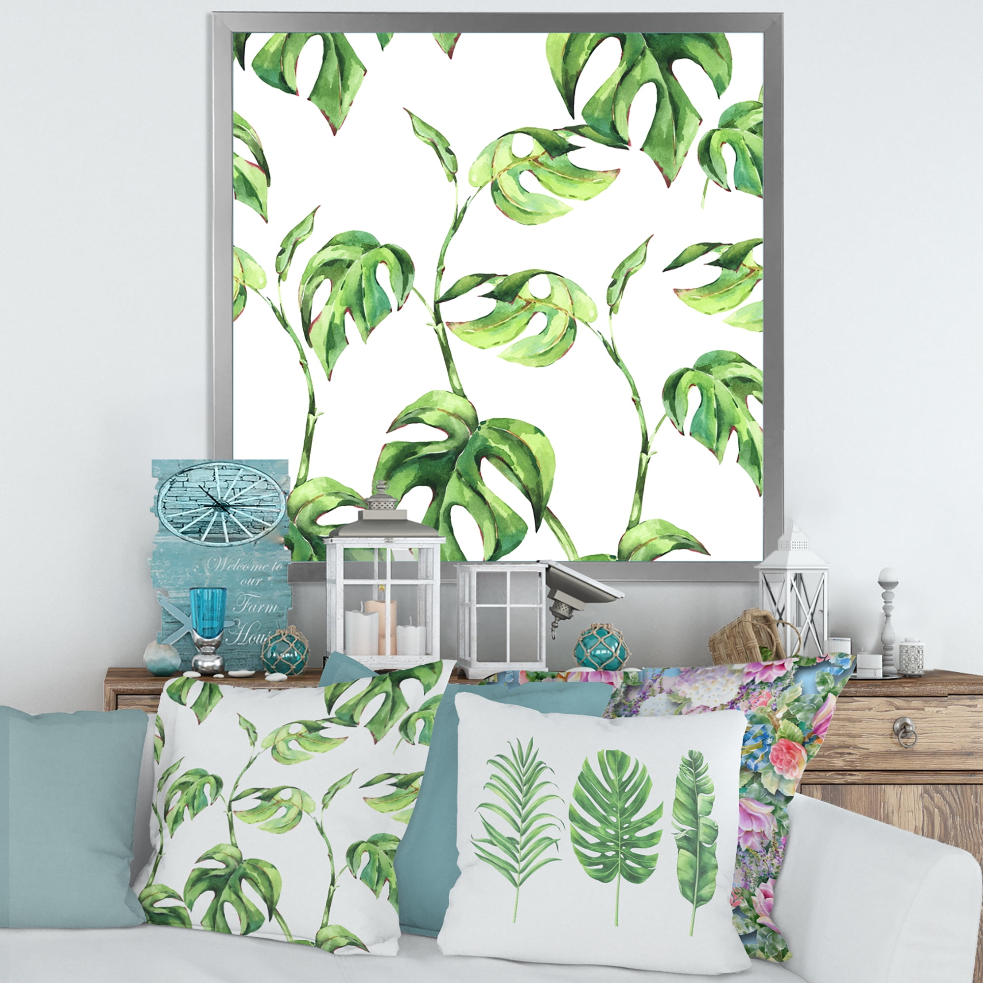 Designart 'Ancient Floral Tropical Leaves II' Tropical Framed Art Print