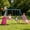 Blue+Pink, variant on 5-in-1 Metal Swing Set for Backyard, Kids Outdoor Playground Playset with Slide, Saucer & Single Belt Swings, Basketball Hoop + Soccer Goal, Heavy Duty A-Frame for Ages 3–10