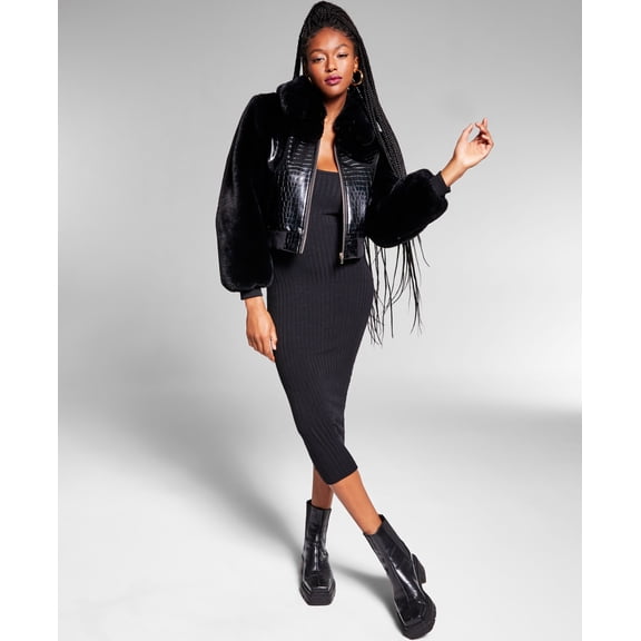 Jeannie Mai X INC International Concepts Mixed Media Cropped Bomber Jacket Deep Black L
