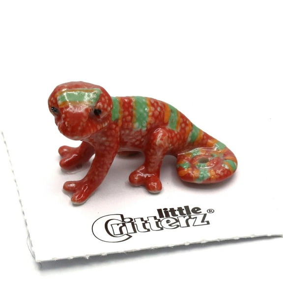 Little Critterz Red Chameleon "Al Chemist" Handcrafted - Home Decor Reptile Decorative Figurine Birthday Gift - Miniature Porcelain Figurine