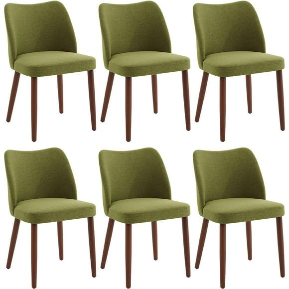 Dining Chair Set of 6, Linen Upholstered Dining Chair with Wood Legs, Wing Backrest, Wooden Kitchen Chair, Kitchen Chairs with Thick Cushions for Dining Room, Living Room, Green