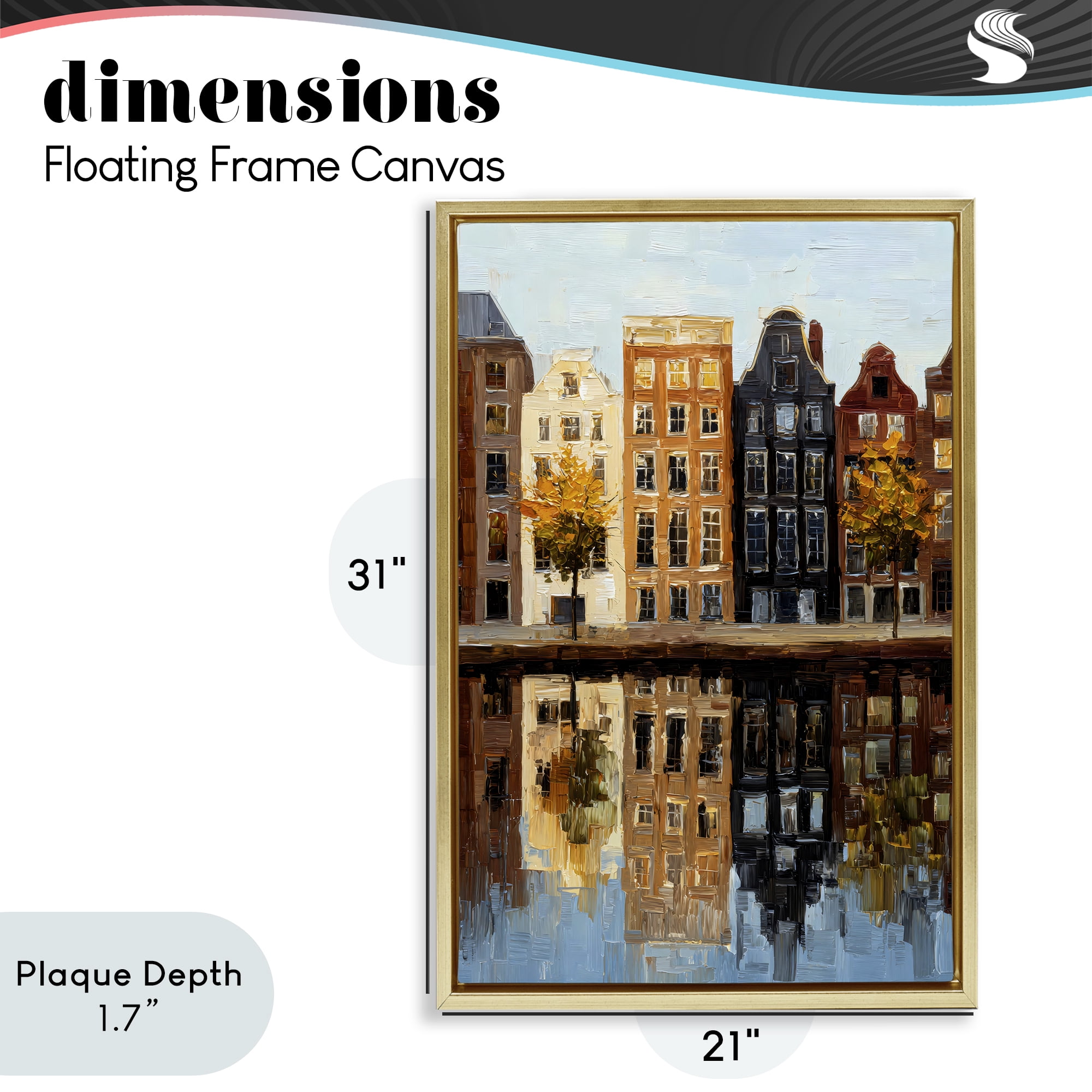 Stupell Industries City Reflection over Canal Gold Framed Floater Canvas Wall Art, design by Petal Prints Design