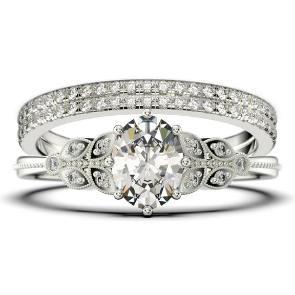 Gorgeous Boho & hippie 2.25 Carat Oval Cut Vintage Look Diamond Moissanite Engagement Ring Set, Wedding Ring in 925 Sterling Silver With 18k White Gold Plating, Trio set