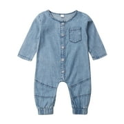 Wayren USA Toddler Infant Baby Boy Girl Clothes Denim Romper One Piece Long Sleeve Jumpsuit Button Down Bodysuit Outfits