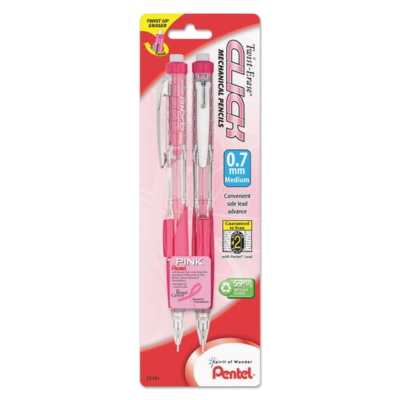 Pentel Twist Erase Pink Click Mechanical Pencils #2 Lead - 0.7 mm Lead Diameter - Refillable - Pink Barrel - 2 / Pack
